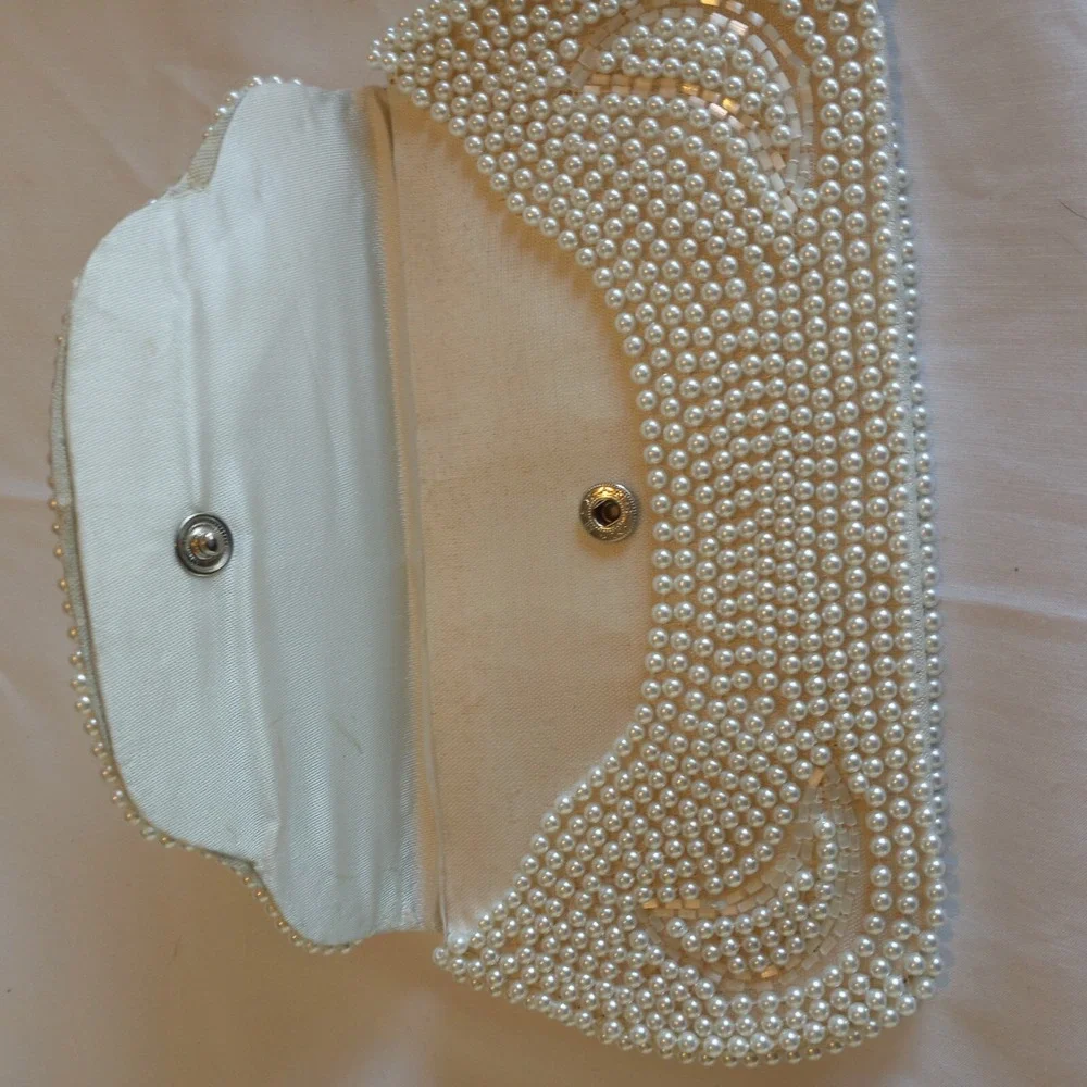 Bon Soir Italian Beaded Clutch Purse Faux Pearl Bugle Beads Vintage AS‎ IS